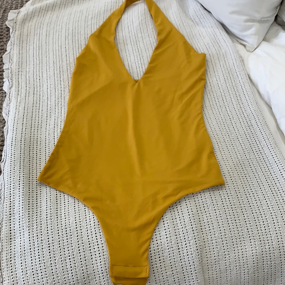 Mustard colored halter bodysuit